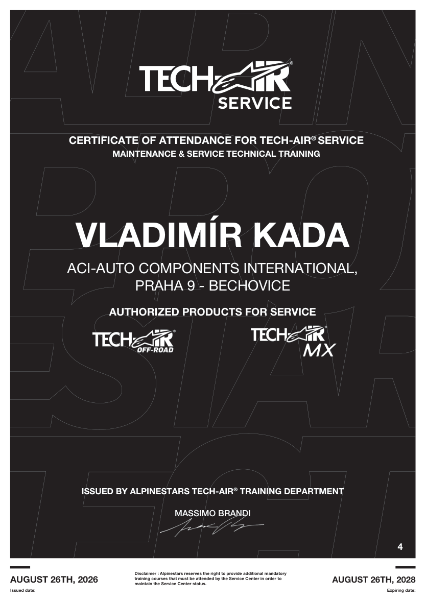 Certifikát Alpinestars Tech-Air® Service — Vladimír Kada, servis MX a OFF-ROAD, platný do 26. 8. 2028